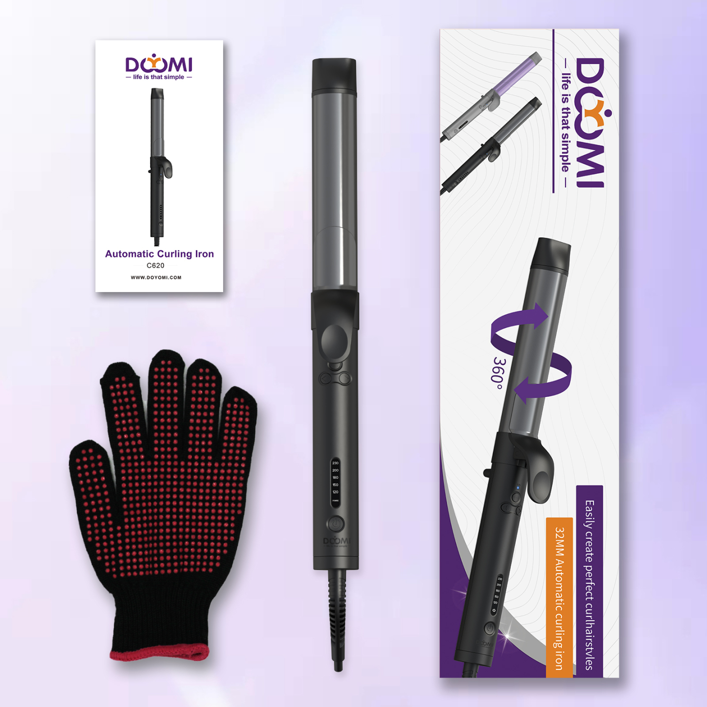 DOYOMI Hair Curing Tongs, 360°Automatic Rotating Hair Curlers, Ceramic Tourmaline Coating Large 32mm Ceramic curling iron Adjustable 5 Temper Suitable for All Hair Lengths Easy to Use