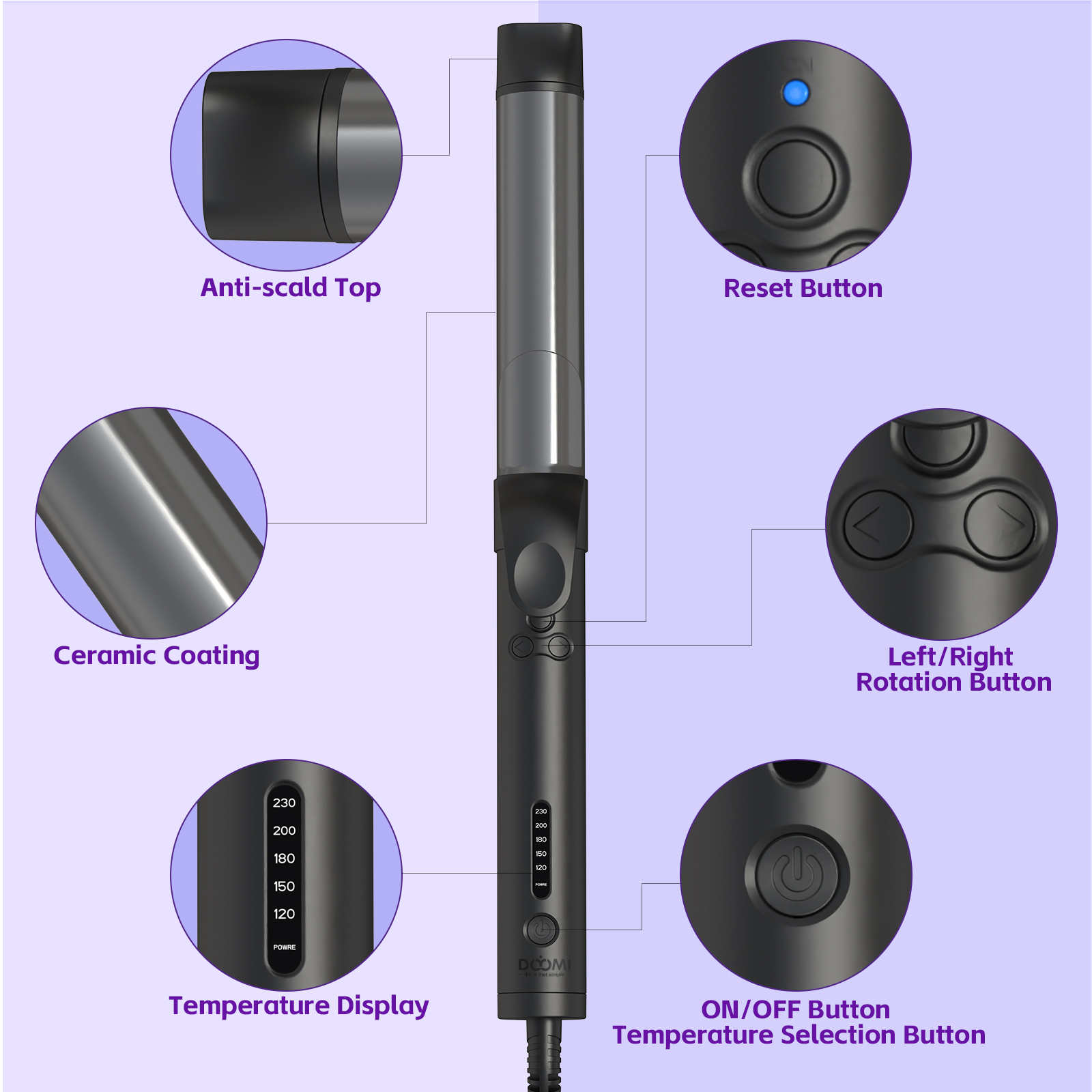 DOYOMI Hair Curing Tongs, 360°Automatic Rotating Hair Curlers, Ceramic Tourmaline Coating Large 32mm Ceramic curling iron Adjustable 5 Temper Suitable for All Hair Lengths Easy to Use