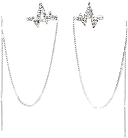 DOYOMI 925 Sterling Silver Heartbeat Dangle Threader Chain Ear Clip Wave Cuff Chain Earring Earring for Women Girl Friend