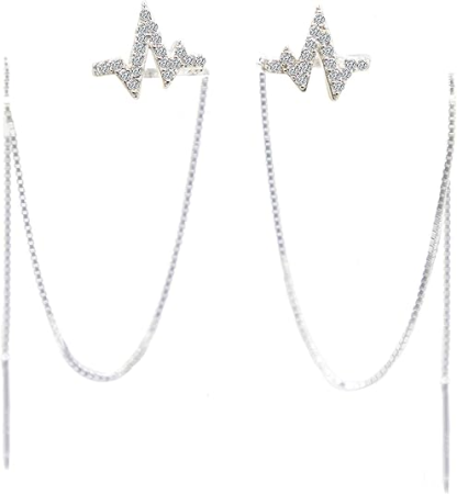DOYOMI 925 Sterling Silver Heartbeat Dangle Threader Chain Ear Clip Wave Cuff Chain Earring Earring for Women Girl Friend