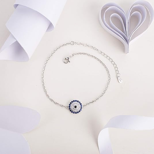 DOYOMI S925 Royal Blue CZ Nazar Boncuk Turkish Evil Eye Adjustable Sterling Silver Bracelet 7 to 9 inch for Women