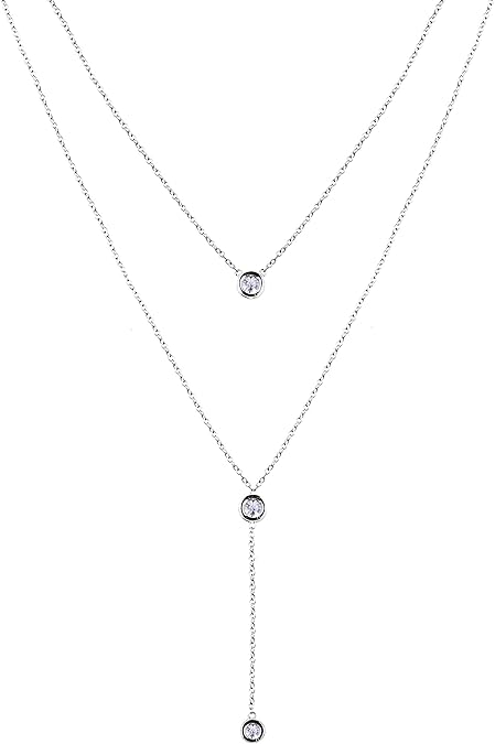 DOYOMI 925 Sterling Silver Double Layered Necklace with Three Round Cubic Zirconia Fashion Jewelry for Women
