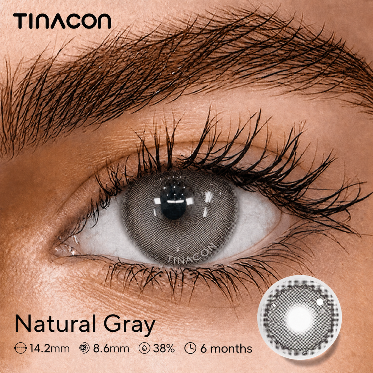【TiNACON】Natural Gray 14.2mm 6 months Watery Soft Contact Lens 