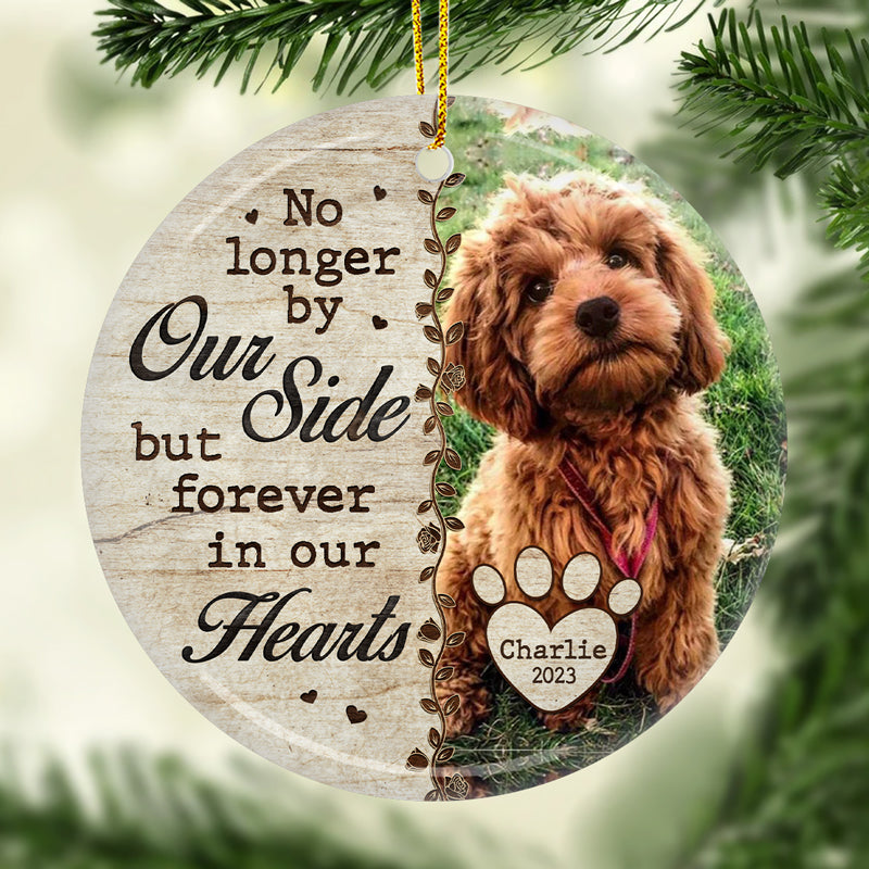 Custom Photo No Longer By Our Side - Memorial Personalized Custom Ornament - Ceramic Round Shaped - Christmas Gift, Sympathy Gift For Pet Owners, Pet Lovers