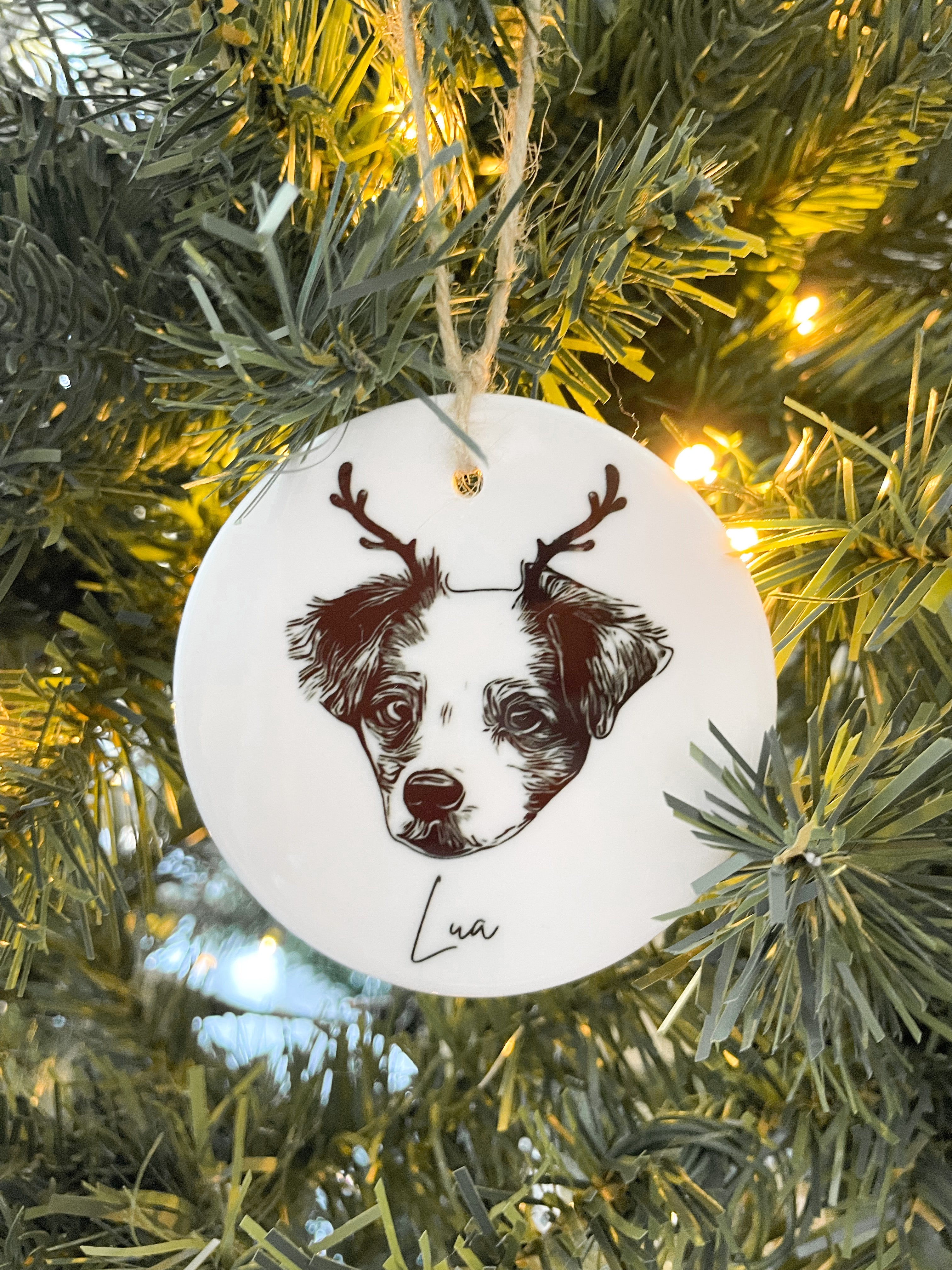Happy Christmas With Fur Babies - Personalized Pet Portrait Ceramic Christmas Ornament - Customized Decoration Gift.