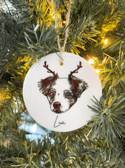 Happy Christmas With Fur Babies - Personalized Pet Portrait Ceramic Christmas Ornament - Customized Decoration Gift.