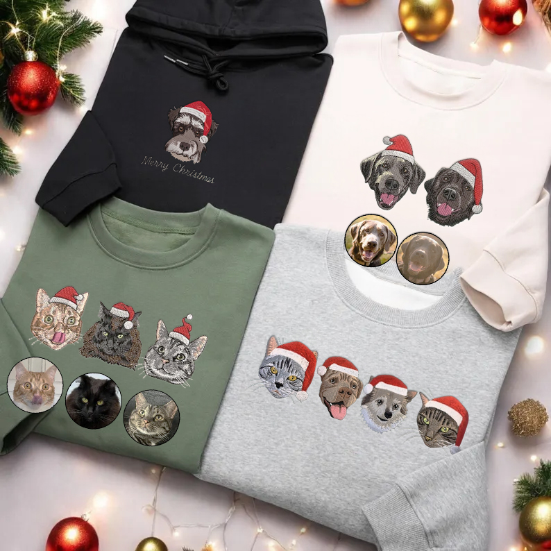 Personalized Embroidered Pet Portraits Christmas Jumper Sweatshirt, Christmas Hat