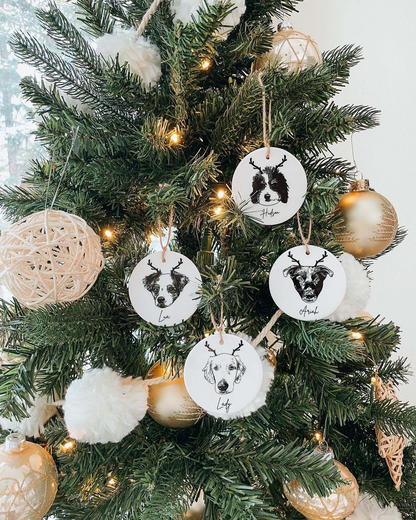Happy Christmas With Fur Babies - Personalized Pet Portrait Ceramic Christmas Ornament - Customized Decoration Gift.