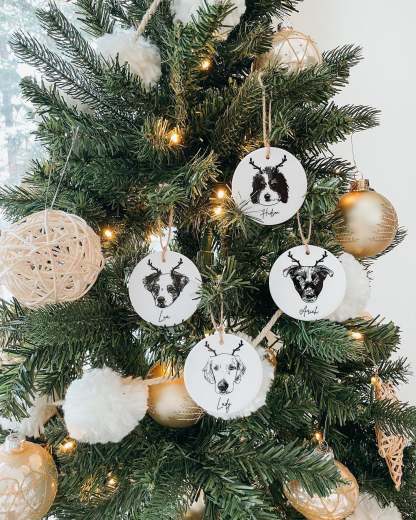 Happy Christmas With Fur Babies - Personalized Pet Portrait Ceramic Christmas Ornament - Customized Decoration Gift.