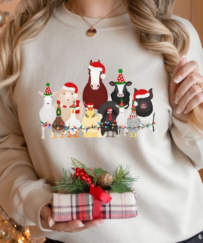 Christmas Farm Animals Shirt, Trendy Santa Hat Animal Farmer Gift, Duck Goose Sheep Holidays