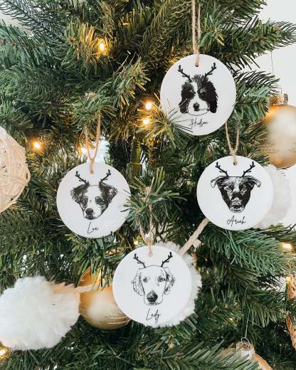 Happy Christmas With Fur Babies - Personalized Pet Portrait Ceramic Christmas Ornament - Customized Decoration Gift.