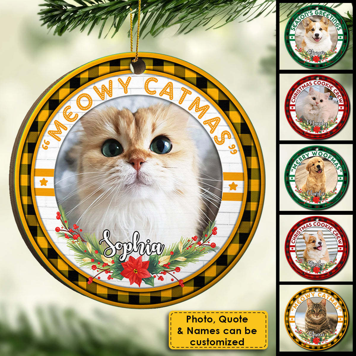Merry Woofmas - Meowy Catmas - Upload Pet Photo - Personalized Custom Round Shaped Wood Christmas Ornament