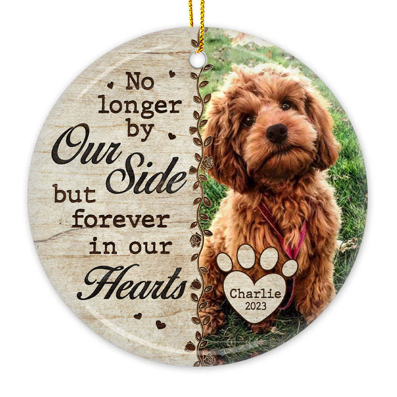 Custom Photo No Longer By Our Side - Memorial Personalized Custom Ornament - Ceramic Round Shaped - Christmas Gift, Sympathy Gift For Pet Owners, Pet Lovers