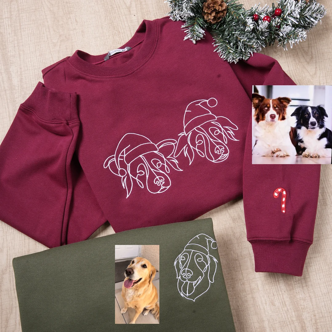 Custom Christmas Pet Face Sketch Embroidered Fleece Hoodie with Santa Hat
