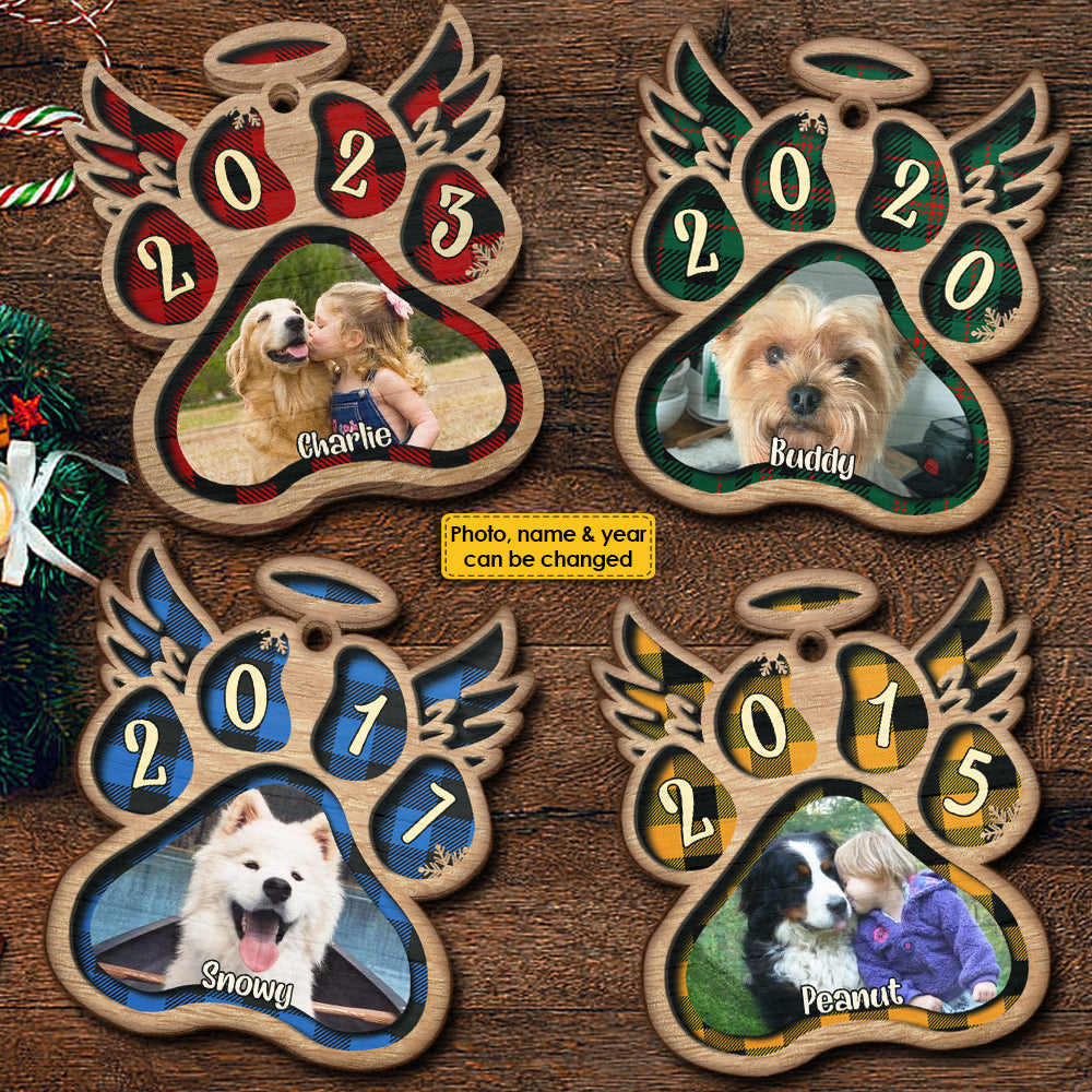 Angel Wings For Our Beloved Pets - Upload Pet Photo - Personalized Custom Paw Shaped Wood Christmas Ornament
