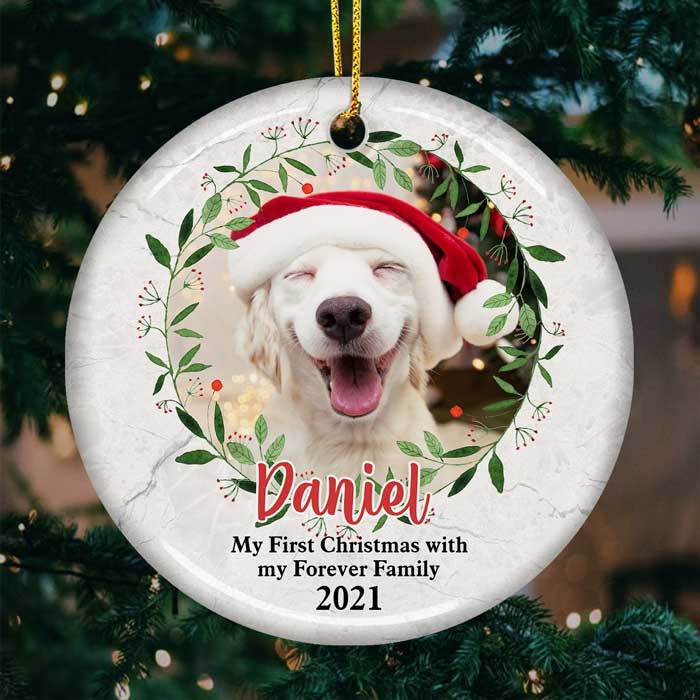 My First Christmas With My Forever Family - Personalized Custom Round Shaped Ceramic Christmas Ornament - Upload Image, Gift For Pet Lovers, Christmas Gift