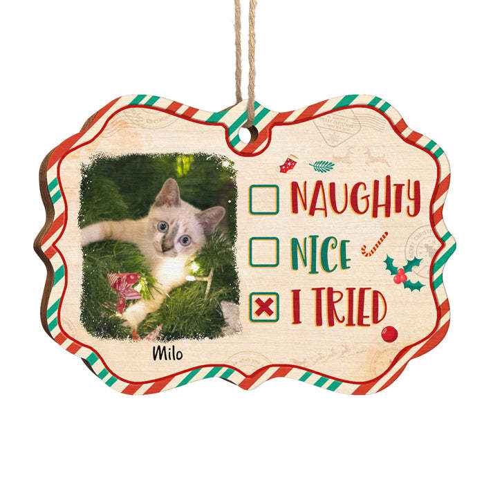Naughty, Nice, I Tried - Personalized Custom Benelux Shaped Wood Photo Christmas Ornament - Upload Image, Gift For Pet Lovers, Christmas Gift