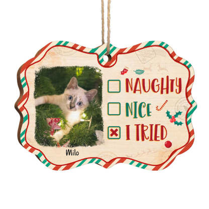 Naughty, Nice, I Tried - Personalized Custom Benelux Shaped Wood Photo Christmas Ornament - Upload Image, Gift For Pet Lovers, Christmas Gift