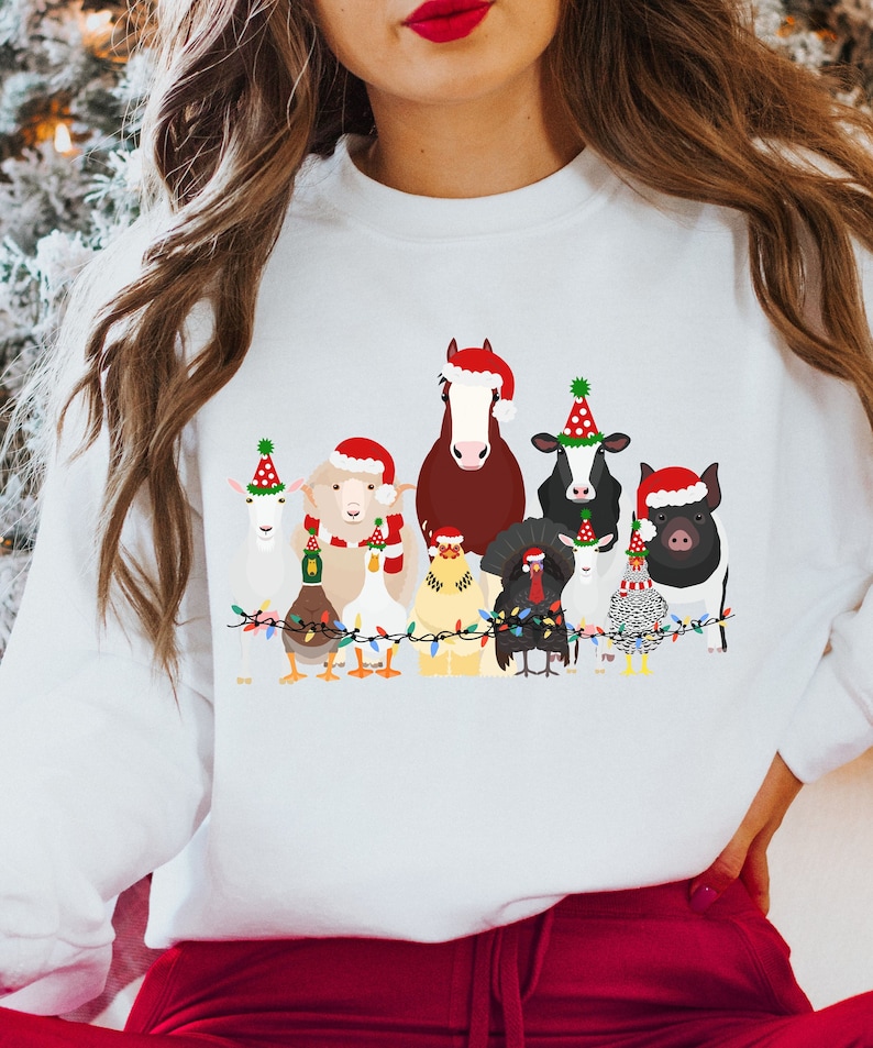 Christmas Farm Animals Shirt, Trendy Santa Hat Animal Farmer Gift, Duck Goose Sheep Holidays