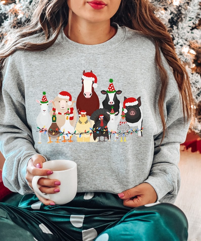 Christmas Farm Animals Shirt, Trendy Santa Hat Animal Farmer Gift, Duck Goose Sheep Holidays