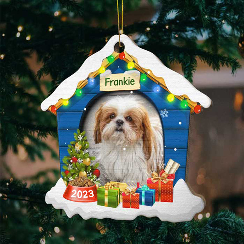 Christmas Dog House - Christmas Is On Its Way - Upload Pet Photo - Personalized Custom House Shaped Wood Christmas Ornament