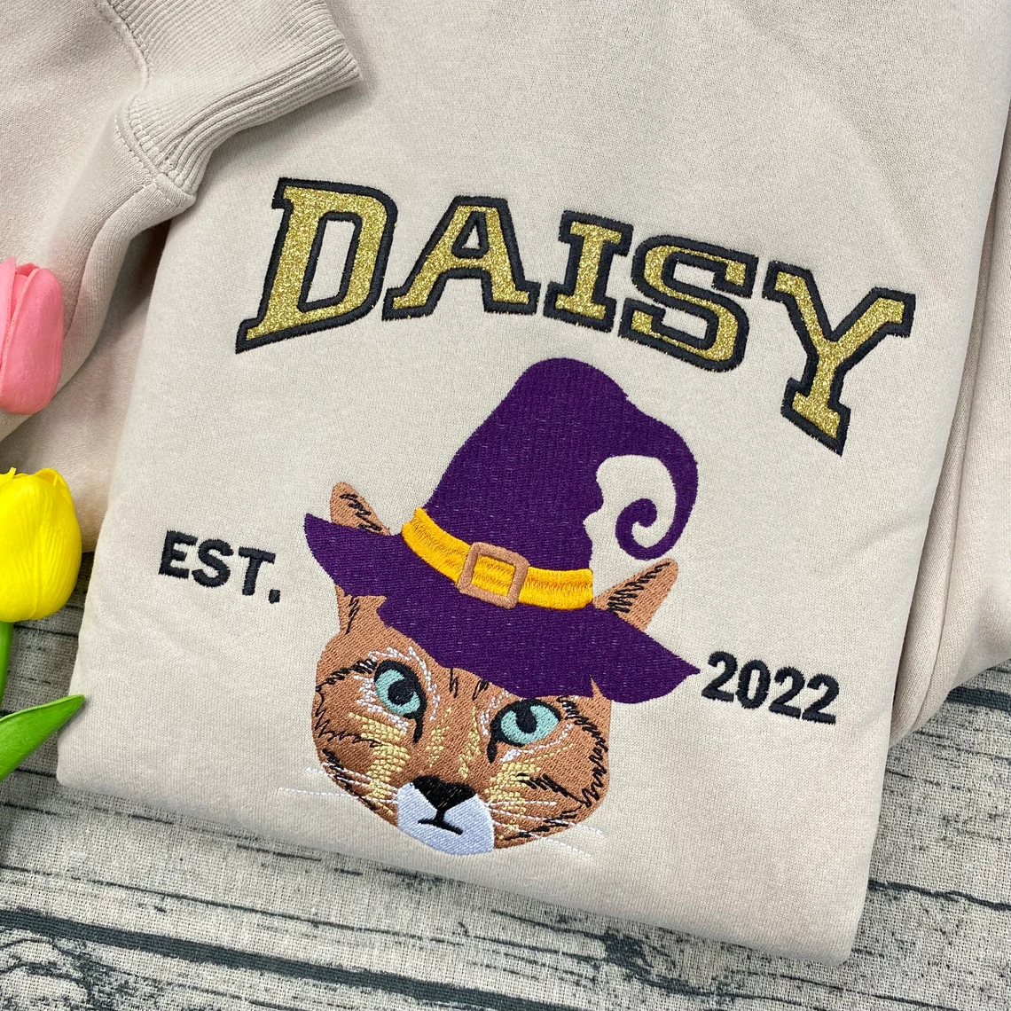 Custom Embroidered Pet From Your Photo Sweatshirt, Personalized Halloween Cat Glitter Sweatshirt, Pet Name Glitter Sweatshirt, Cat Mom Gift