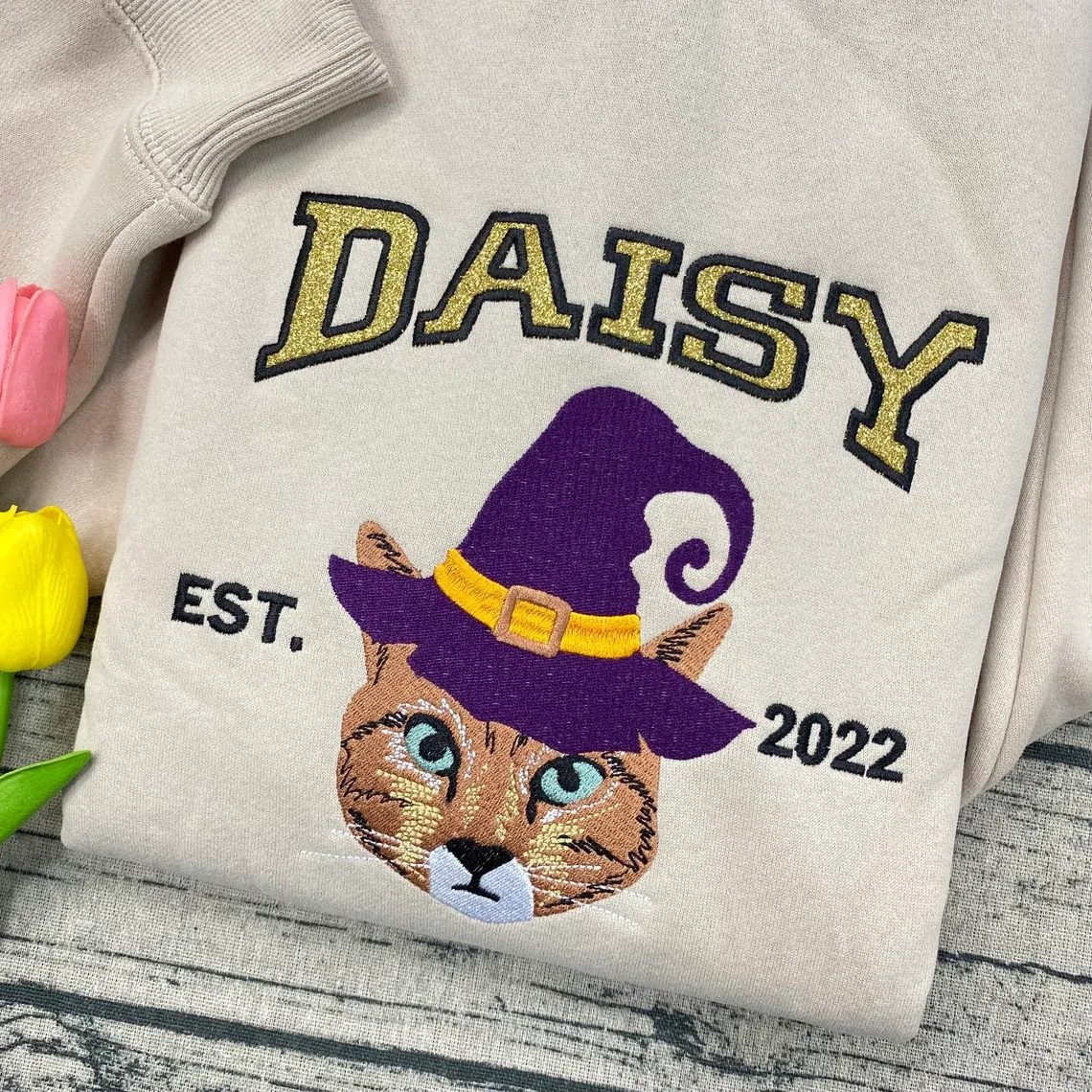Custom Embroidered Pet From Your Photo Sweatshirt, Personalized Halloween Cat Glitter Sweatshirt, Pet Name Glitter Sweatshirt, Cat Mom Gift