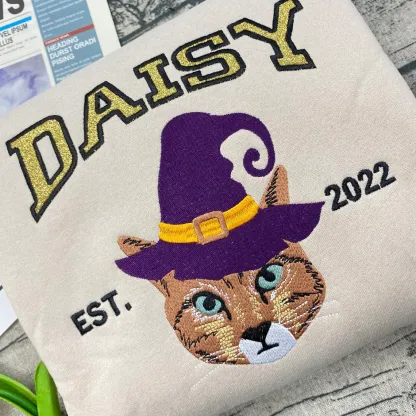 Custom Embroidered Pet From Your Photo Sweatshirt, Personalized Halloween Cat Glitter Sweatshirt, Pet Name Glitter Sweatshirt, Cat Mom Gift