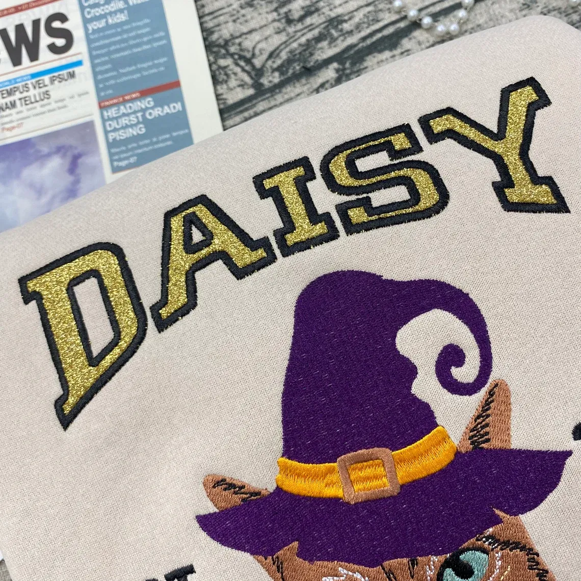 Custom Embroidered Pet From Your Photo Sweatshirt, Personalized Halloween Cat Glitter Sweatshirt, Pet Name Glitter Sweatshirt, Cat Mom Gift