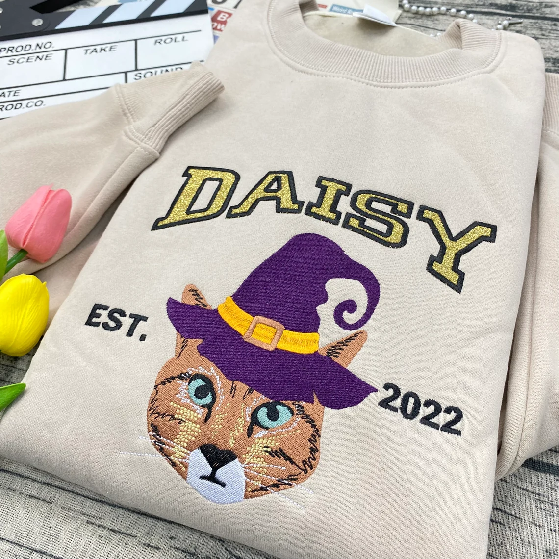 Custom Embroidered Pet From Your Photo Sweatshirt, Personalized Halloween Cat Glitter Sweatshirt, Pet Name Glitter Sweatshirt, Cat Mom Gift