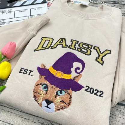 Custom Embroidered Pet From Your Photo Sweatshirt, Personalized Halloween Cat Glitter Sweatshirt, Pet Name Glitter Sweatshirt, Cat Mom Gift