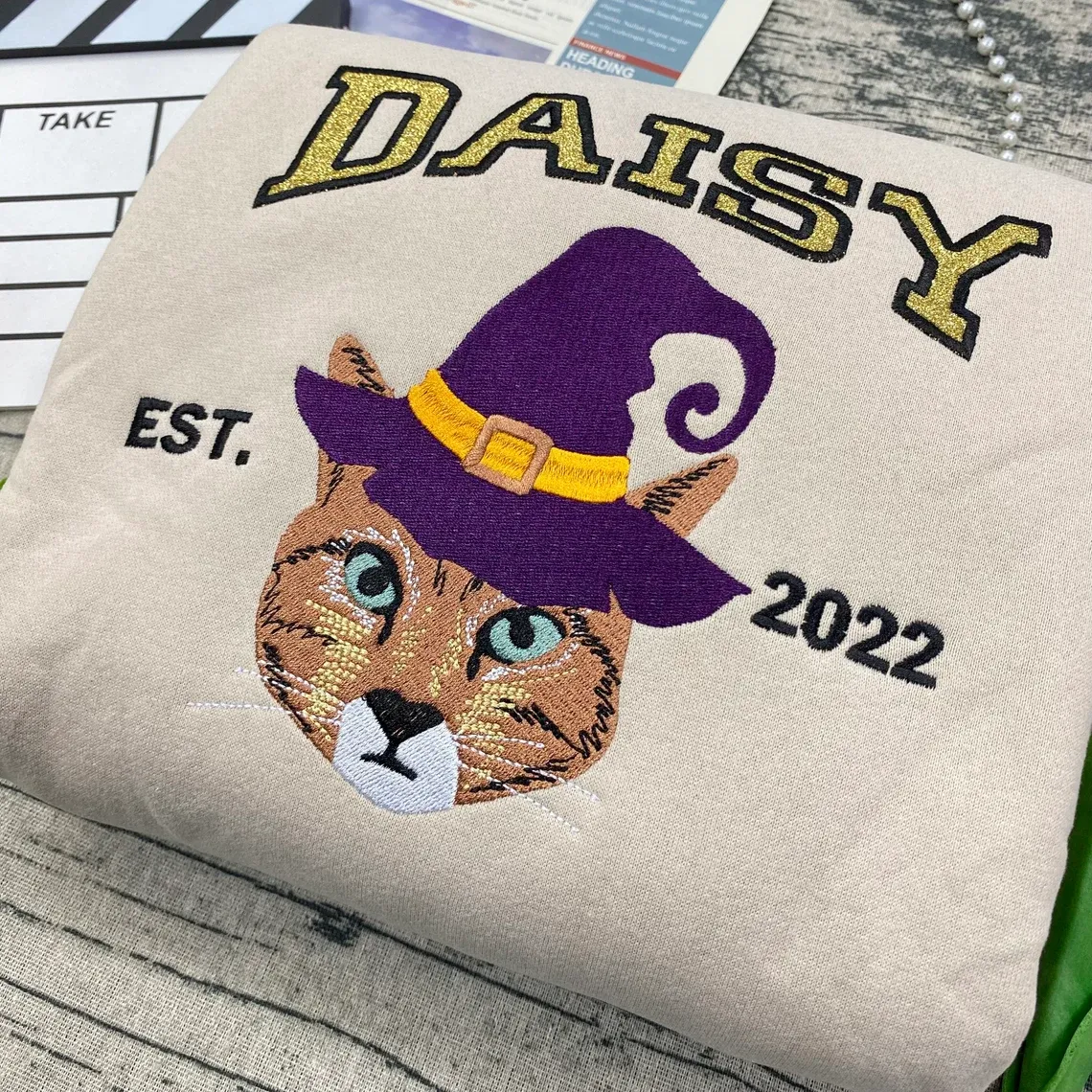 Custom Embroidered Pet From Your Photo Sweatshirt, Personalized Halloween Cat Glitter Sweatshirt, Pet Name Glitter Sweatshirt, Cat Mom Gift