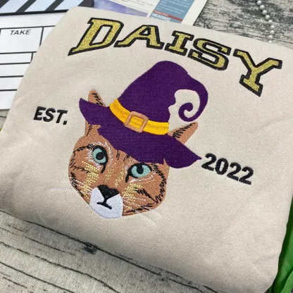Custom Embroidered Pet From Your Photo Sweatshirt, Personalized Halloween Cat Glitter Sweatshirt, Pet Name Glitter Sweatshirt, Cat Mom Gift