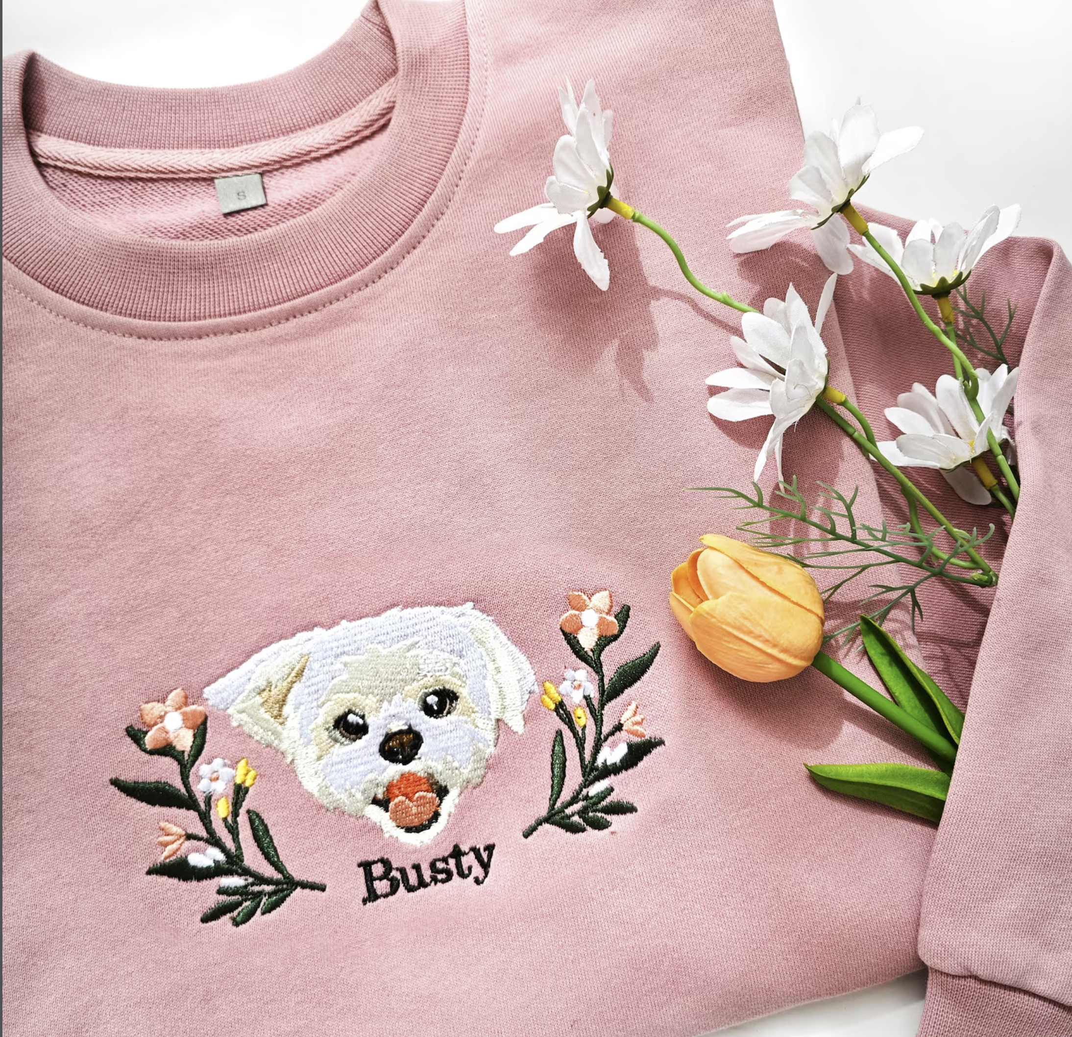 Custom Embroidered Hoodie/Sweatshirt With Pet Portrait  Flower