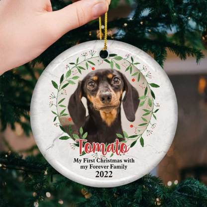 My First Christmas With My Forever Family - Personalized Custom Round Shaped Ceramic Christmas Ornament - Upload Image, Gift For Pet Lovers, Christmas Gift
