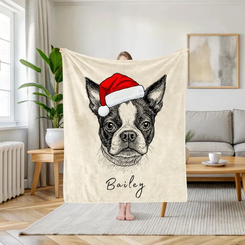 Custom Christmas Pet Portrait Blanket Gift for Pet Lover