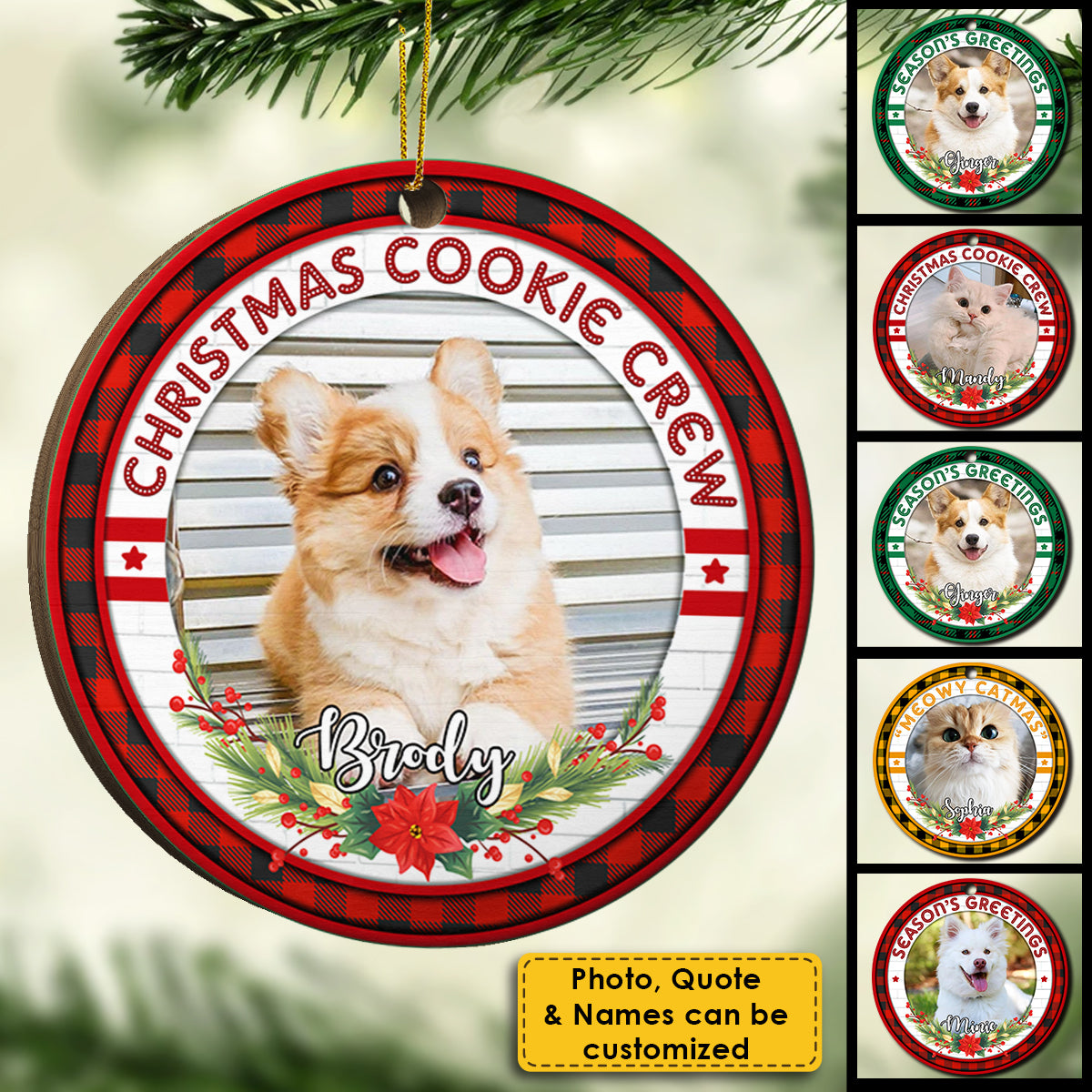 Merry Woofmas - Meowy Catmas - Upload Pet Photo - Personalized Custom Round Shaped Wood Christmas Ornament