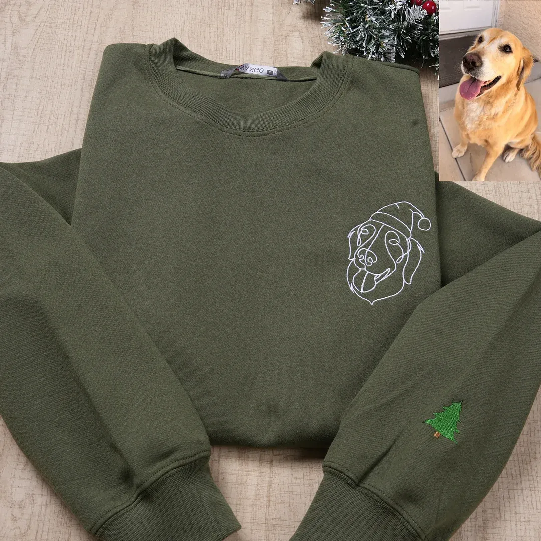 Custom Christmas Pet Face Sketch Embroidered Fleece Hoodie with Santa Hat