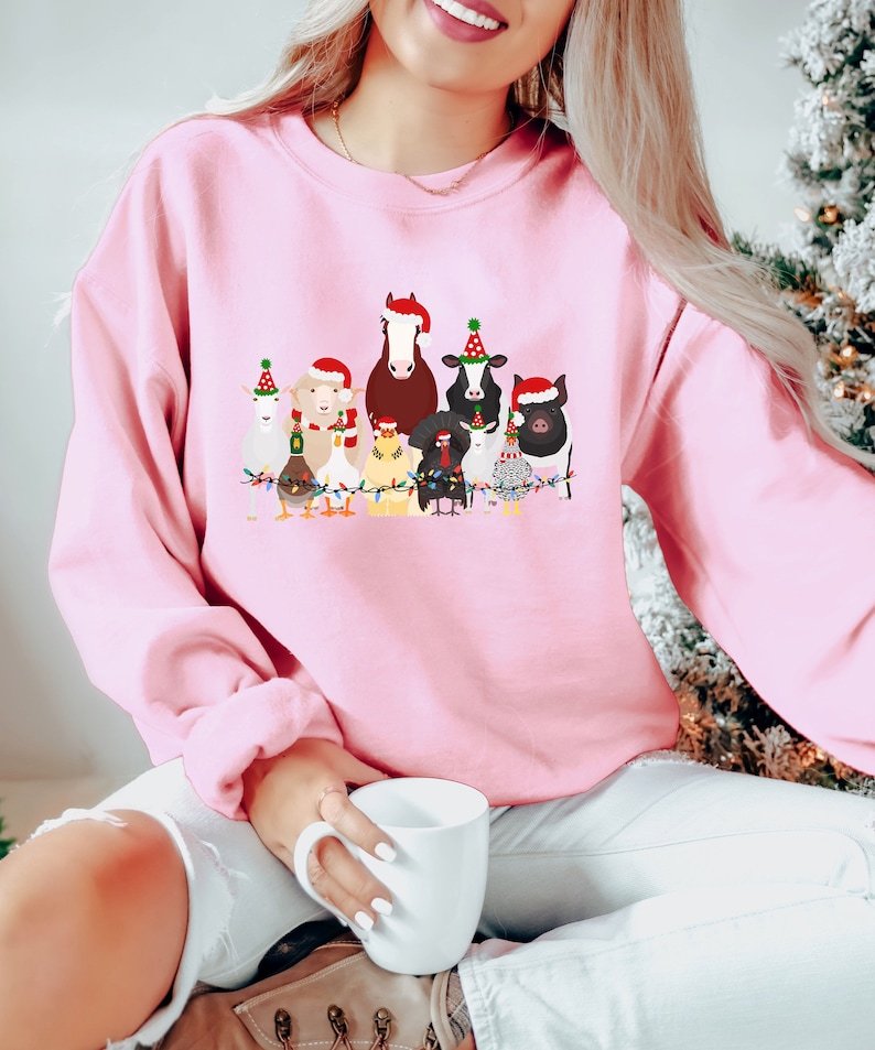 Christmas Farm Animals Shirt, Trendy Santa Hat Animal Farmer Gift, Duck Goose Sheep Holidays