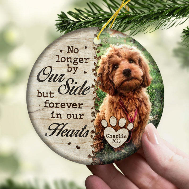 Custom Photo No Longer By Our Side - Memorial Personalized Custom Ornament - Ceramic Round Shaped - Christmas Gift, Sympathy Gift For Pet Owners, Pet Lovers