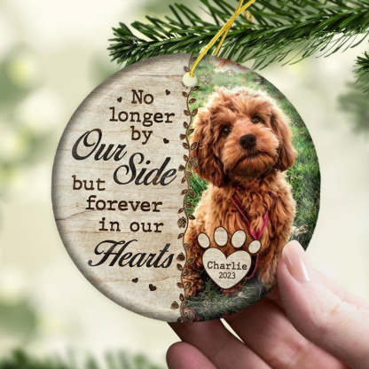Custom Photo No Longer By Our Side - Memorial Personalized Custom Ornament - Ceramic Round Shaped - Christmas Gift, Sympathy Gift For Pet Owners, Pet Lovers
