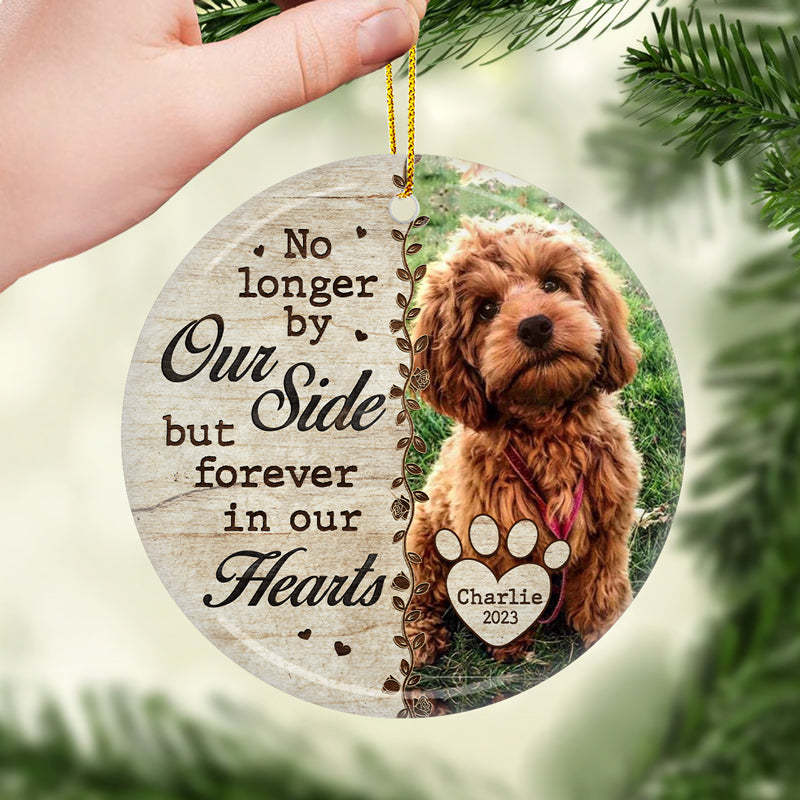Custom Photo No Longer By Our Side - Memorial Personalized Custom Ornament - Ceramic Round Shaped - Christmas Gift, Sympathy Gift For Pet Owners, Pet Lovers