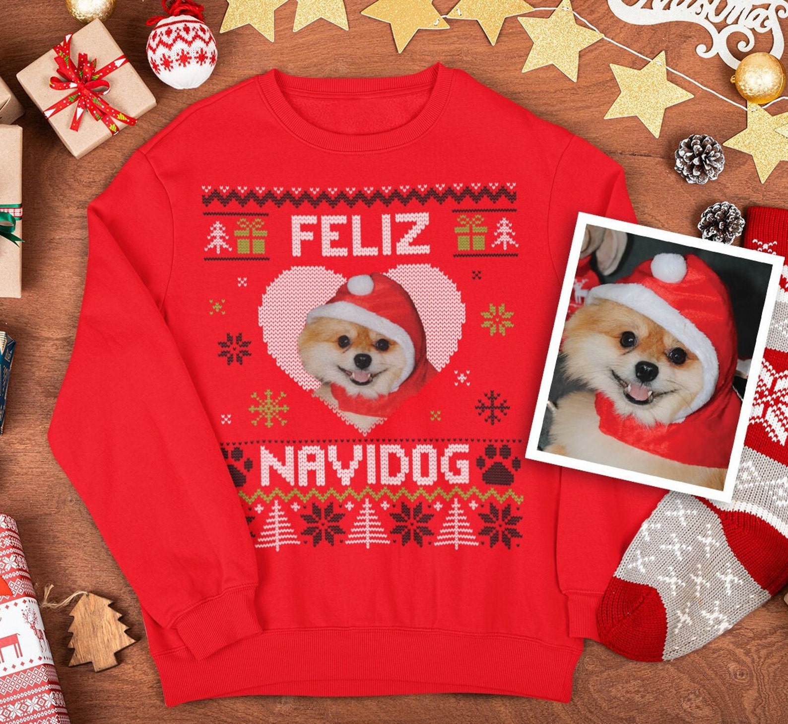 MEOWY CHRISTMAS PET black red cutomised photo sweater, Add picture face image of your pet