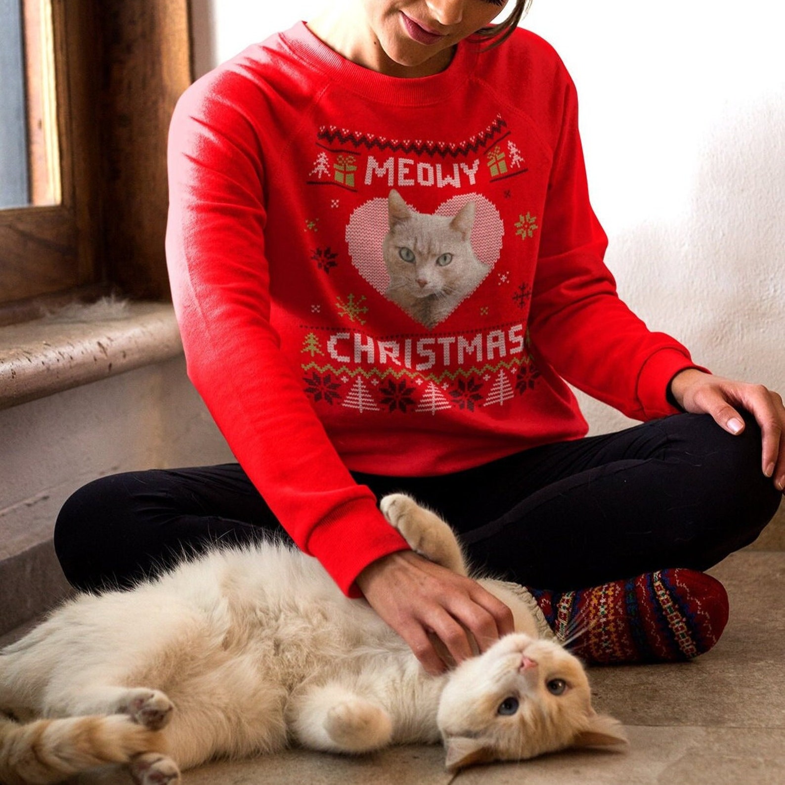 MEOWY CHRISTMAS PET black red cutomised photo sweater, Add picture face image of your pet