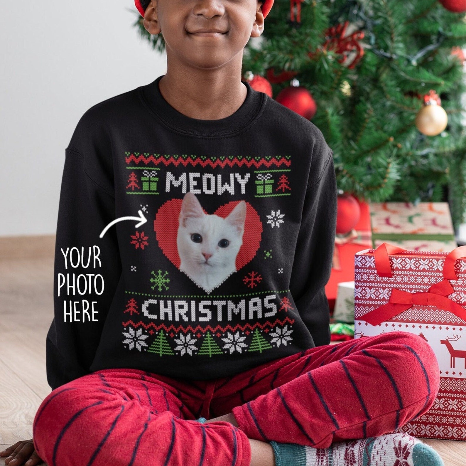 MEOWY CHRISTMAS PET black red cutomised photo sweater, Add picture face image of your pet