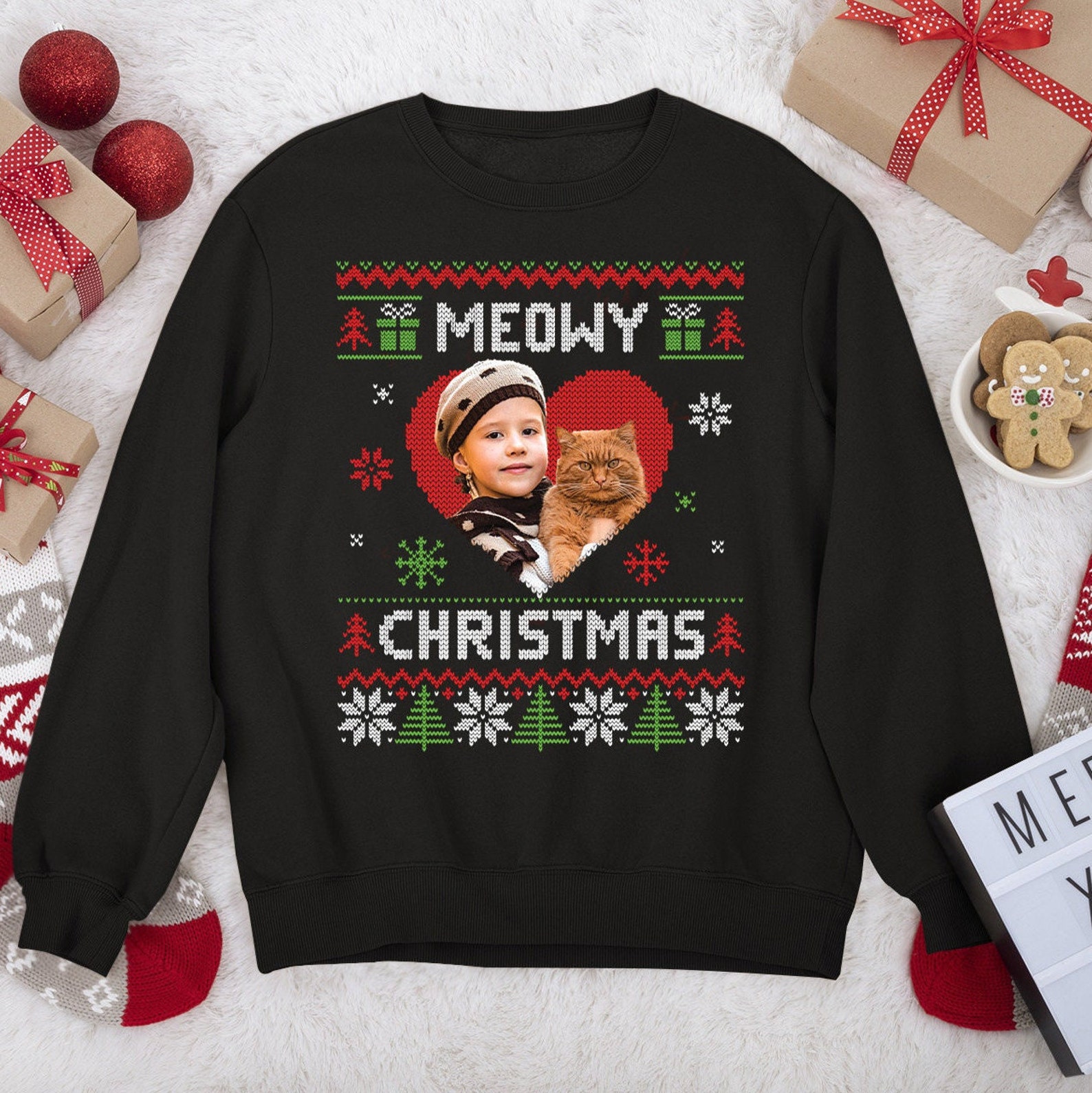 MEOWY CHRISTMAS PET black red cutomised photo sweater, Add picture face image of your pet