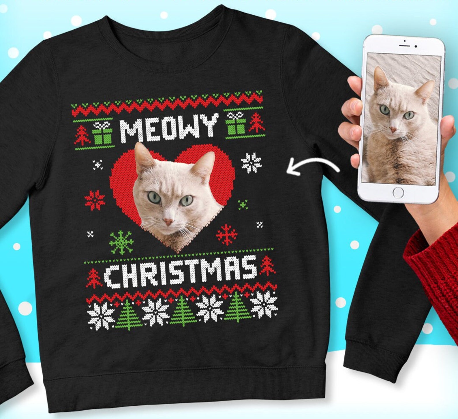 MEOWY CHRISTMAS PET black red cutomised photo sweater, Add picture face image of your pet