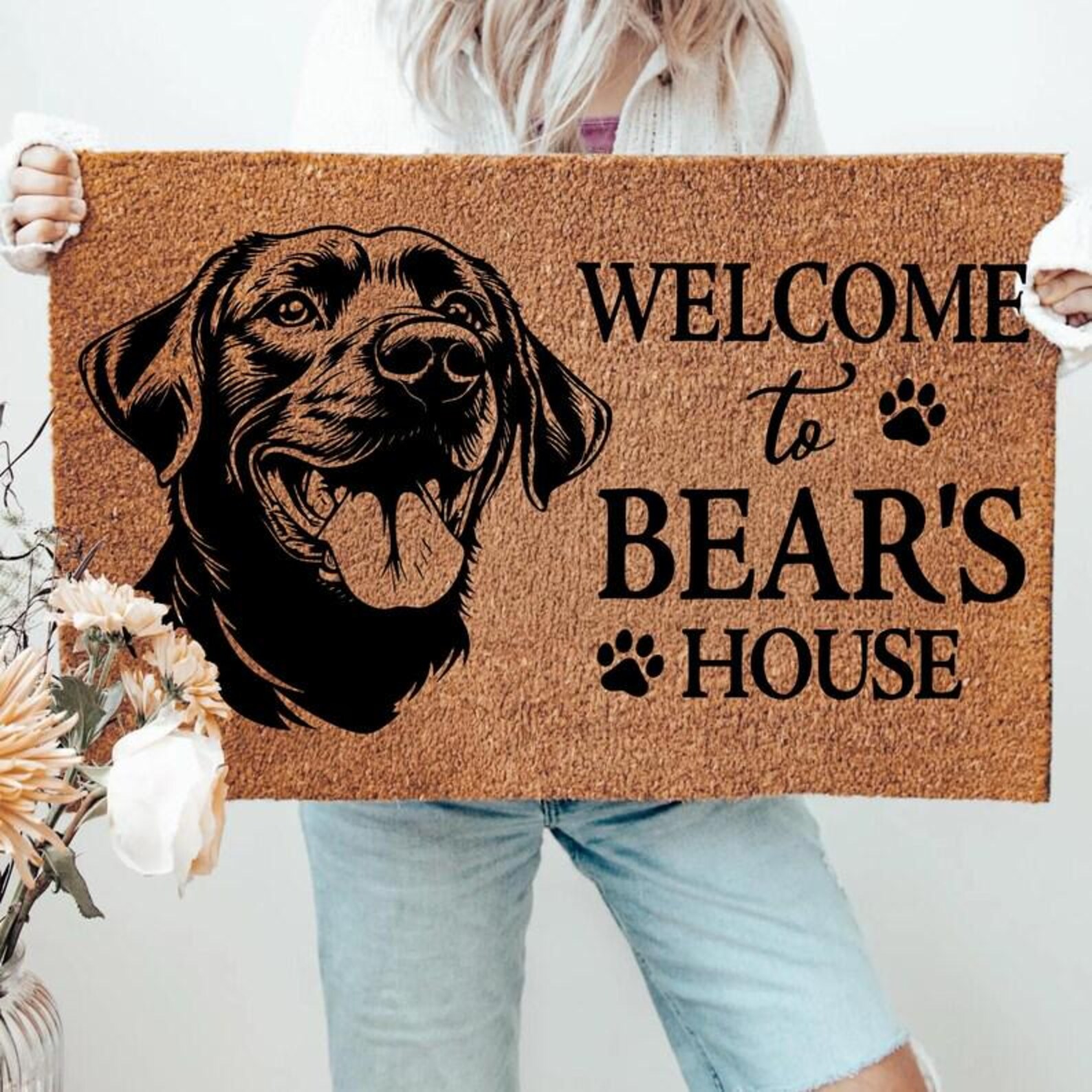 Custom Dog Welcome Doormat, Welcome to Bear’s House Personalized Pet Mat, Dog Face Coir Rug, Funny Dog Lover Gift, Pet Name Entry Mat