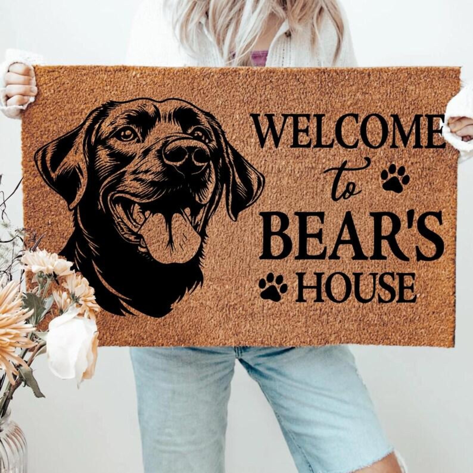 Custom Dog Welcome Doormat, Welcome to Bear’s House Personalized Pet Mat, Dog Face Coir Rug, Funny Dog Lover Gift, Pet Name Entry Mat