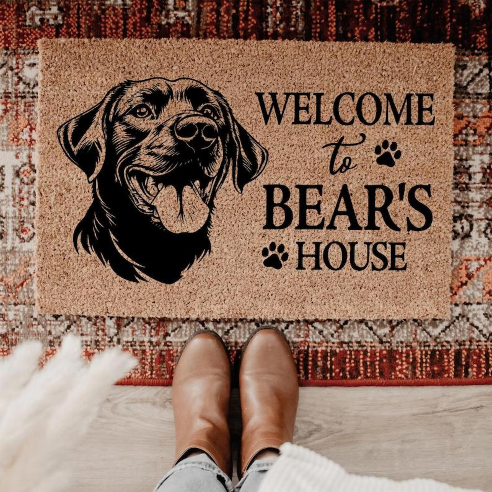 Custom Dog Welcome Doormat, Welcome to Bear’s House Personalized Pet Mat, Dog Face Coir Rug, Funny Dog Lover Gift, Pet Name Entry Mat